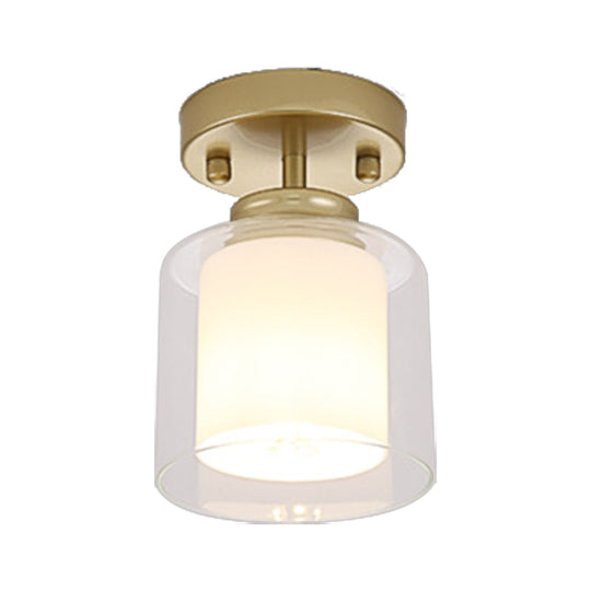 Contemporary Cylinder Semi Flush Ceiling Light with Glass Shade - Black/Silver/Gold Finish, 1 Bulb Fixture