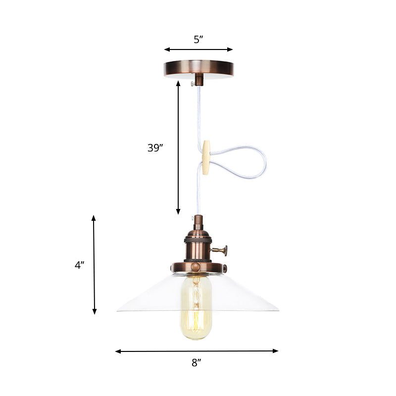 Metallic and Clear Glass Farmhouse Cone Pendant Lamp - Adjustable Height Ceiling Light