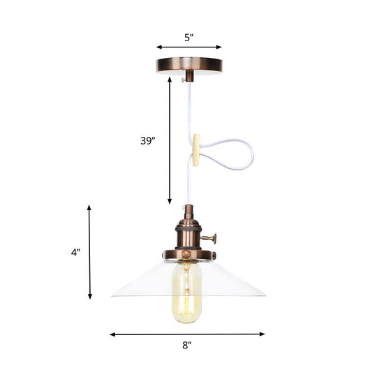 Farmhouse Style Cone Pendant Lamp: Metallic & Clear Glass Height-Adjustable Ceiling Light