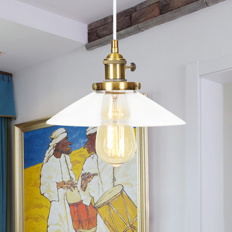 Farmhouse Style Cone Pendant Lamp: Metallic & Clear Glass Height-Adjustable Ceiling Light Brass