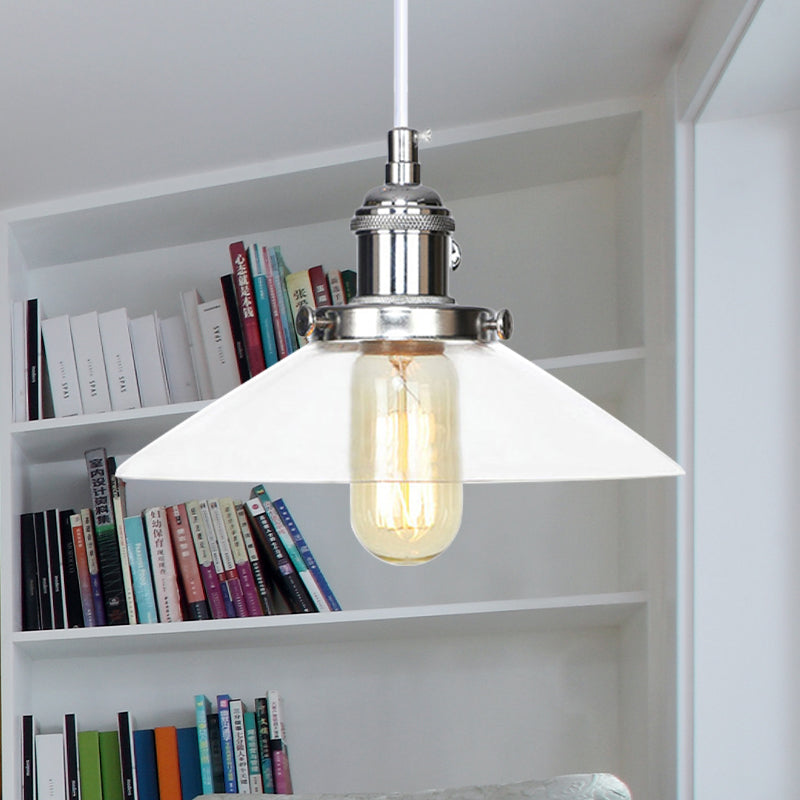 Farmhouse Style Cone Pendant Lamp: Metallic & Clear Glass Height-Adjustable Ceiling Light Chrome