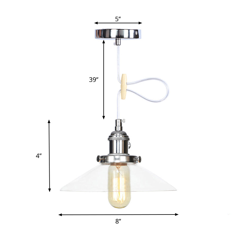 Farmhouse Style Cone Pendant Lamp: Metallic & Clear Glass Height-Adjustable Ceiling Light