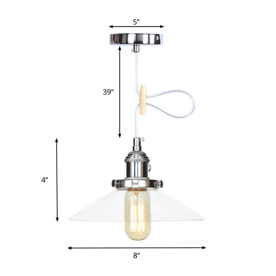 Farmhouse Style Cone Pendant Lamp: Metallic & Clear Glass Height-Adjustable Ceiling Light