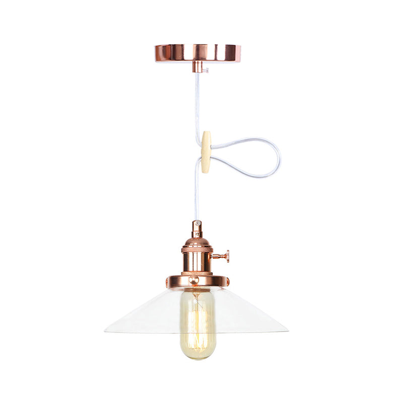 Farmhouse Style Cone Pendant Lamp: Metallic & Clear Glass Height-Adjustable Ceiling Light