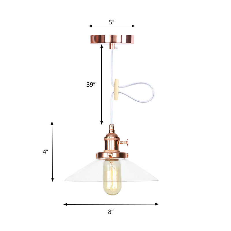 Farmhouse Style Cone Pendant Lamp: Metallic & Clear Glass Height-Adjustable Ceiling Light