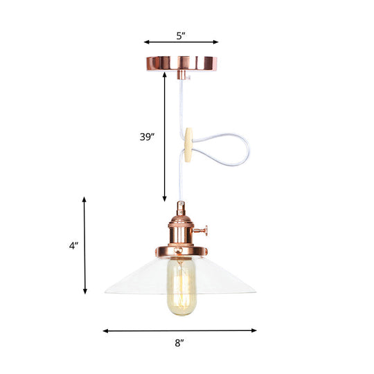 Farmhouse Style Cone Pendant Lamp: Metallic & Clear Glass Height-Adjustable Ceiling Light