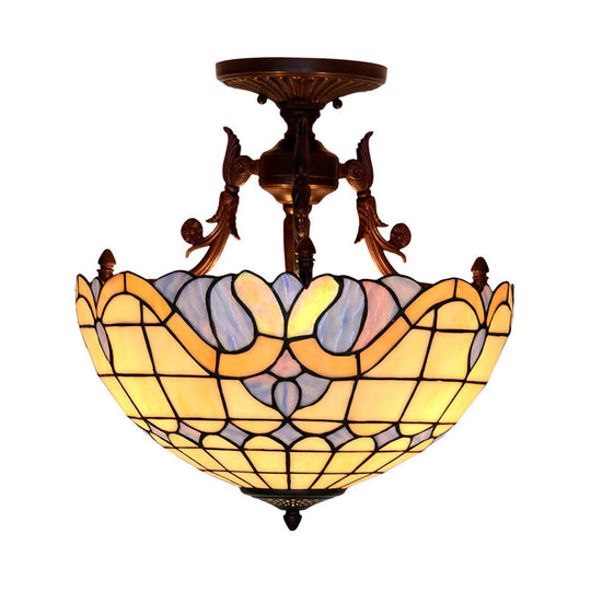 Dome Semi-Mount Tiffany Beige/Light Blue Glass Ceiling Light Fixture - Bronze, 3-Light - Living Room