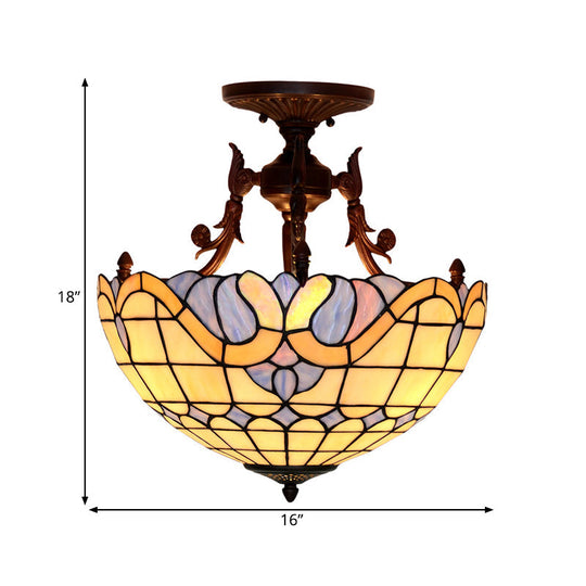 Dome Semi-Mount Tiffany Beige/Light Blue Glass Ceiling Light Fixture - Bronze, 3-Light - Living Room