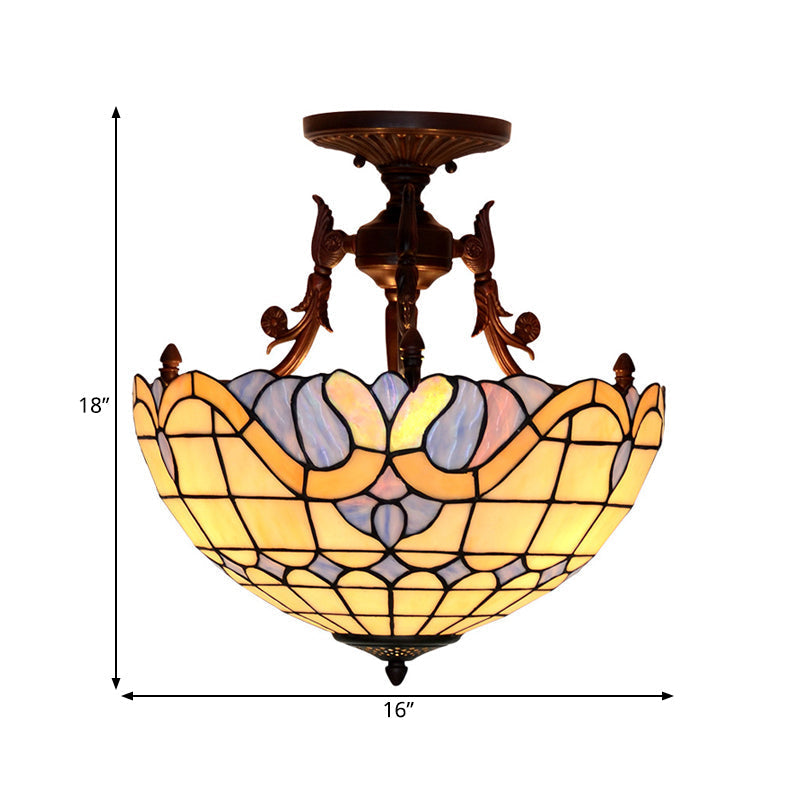 Dome Semi-Mount Tiffany Beige/Light Blue Glass Ceiling Light Fixture - Bronze 3-Light Living Room