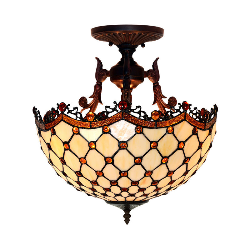 Dome Semi-Mount Tiffany Beige/Light Blue Glass Ceiling Light Fixture - Bronze, 3-Light - Living Room