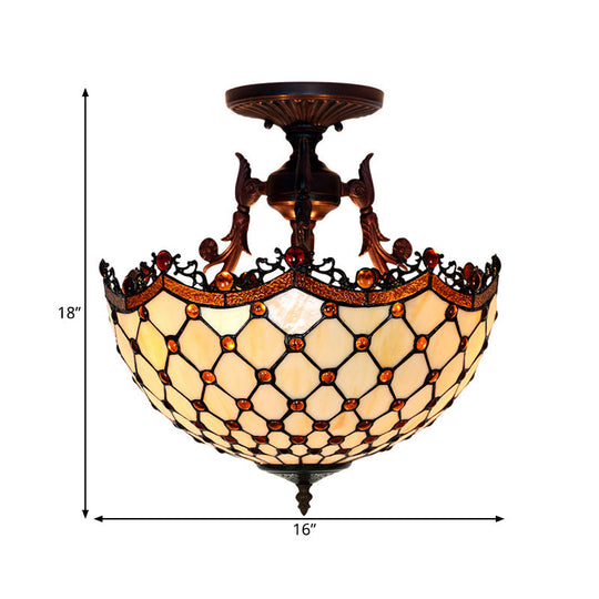 Dome Semi-Mount Tiffany Beige/Light Blue Glass Ceiling Light Fixture - Bronze, 3-Light - Living Room
