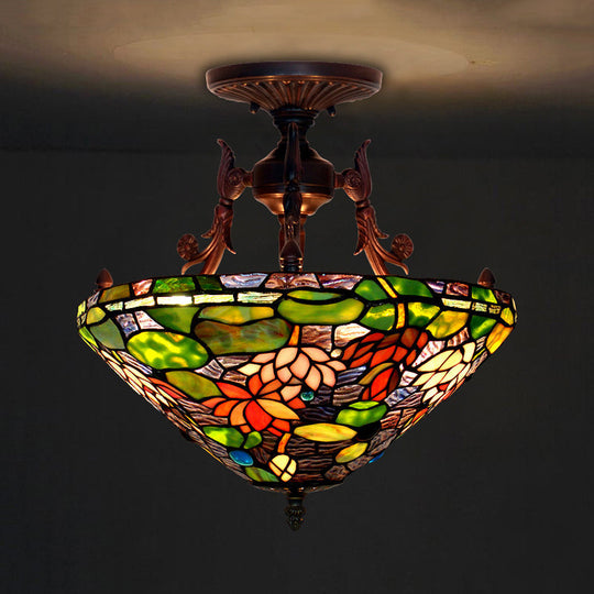 Victorian Bronze Semi Flush Light with Dome/Cone Red/Green Cut Glass Shade for Living Room