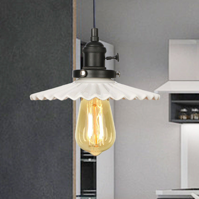 Ceramic Scalloped Edge Industrial Pendant Light with Single Bulb for Dining Rooms in Black, Bronze, or Brass Finishes