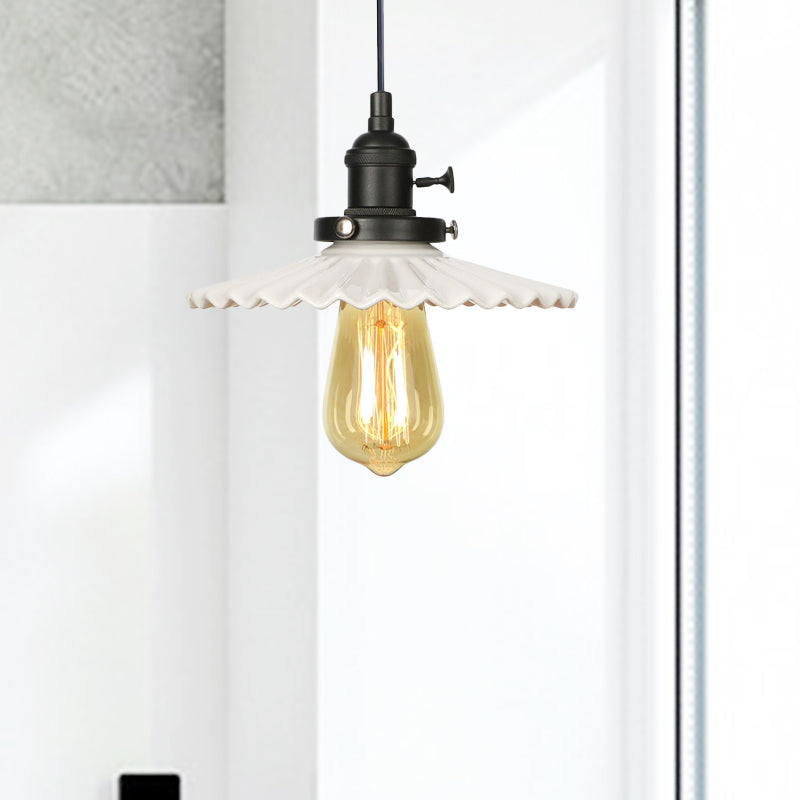 Ceramic Scalloped Edge Industrial Pendant Light with Single Bulb for Dining Rooms in Black, Bronze, or Brass Finishes