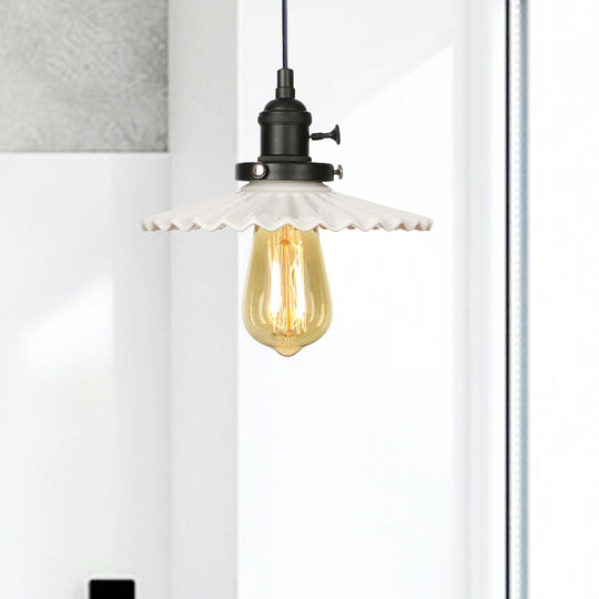 Ceramic Scalloped Edge Industrial Pendant Light with Single Bulb for Dining Rooms in Black, Bronze, or Brass Finishes