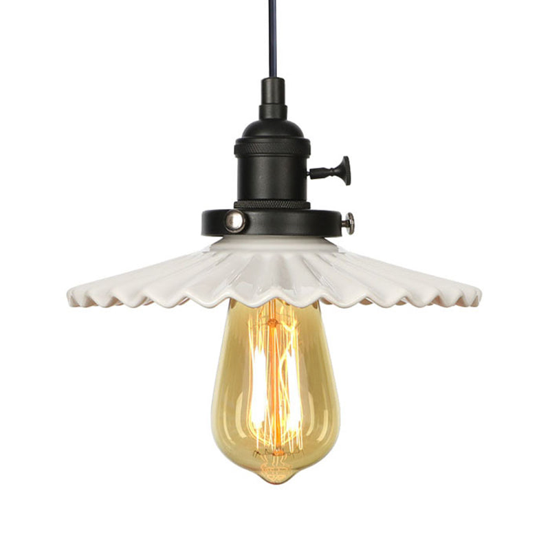 Ceramic Scalloped Edge Industrial Pendant Light with Single Bulb for Dining Rooms in Black, Bronze, or Brass Finishes