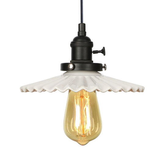 Ceramic Scalloped Edge Industrial Pendant Light with Single Bulb for Dining Rooms in Black, Bronze, or Brass Finishes