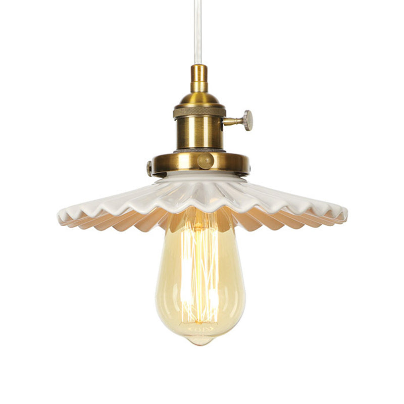Ceramic Scalloped Edge Industrial Pendant Light with Single Bulb for Dining Rooms in Black, Bronze, or Brass Finishes