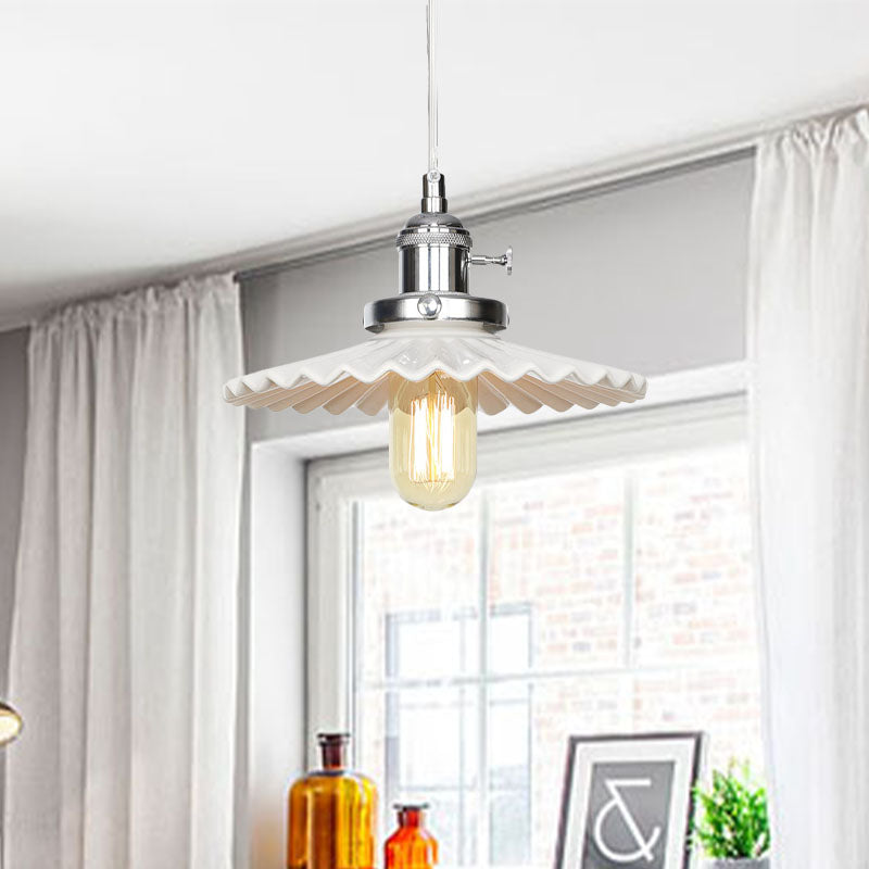 Ceramic Scalloped Edge Industrial Pendant Light with Single Bulb for Dining Rooms in Black, Bronze, or Brass Finishes