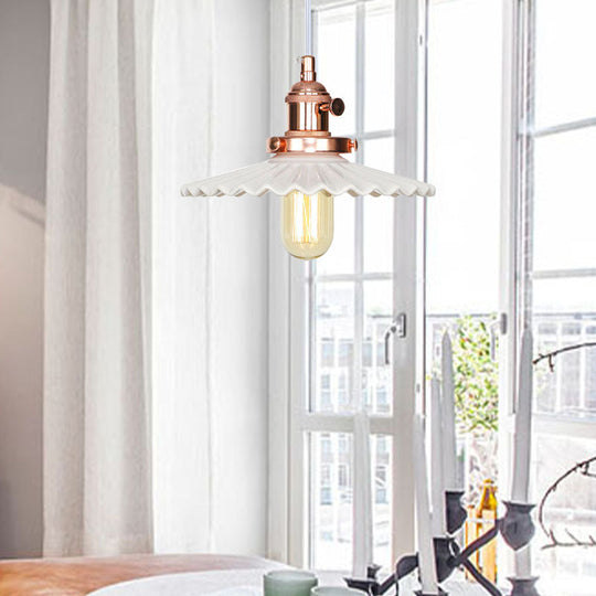 Ceramic Scalloped Edge Industrial Pendant Light with Single Bulb for Dining Rooms in Black, Bronze, or Brass Finishes