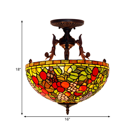 Mediterranean Flower Stained Glass Ceiling Light for Bedroom - 3-Light Semi Flush Mount in White/Red/Yellow