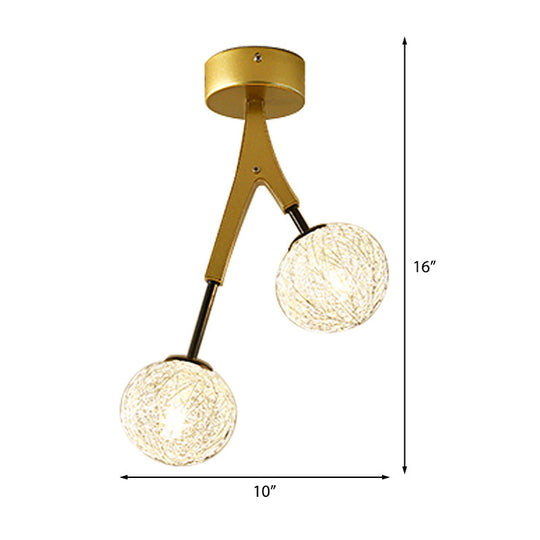 Gold Finish Handwoven Ball Semi Flush Light Fixture - Modern Ceiling Mount