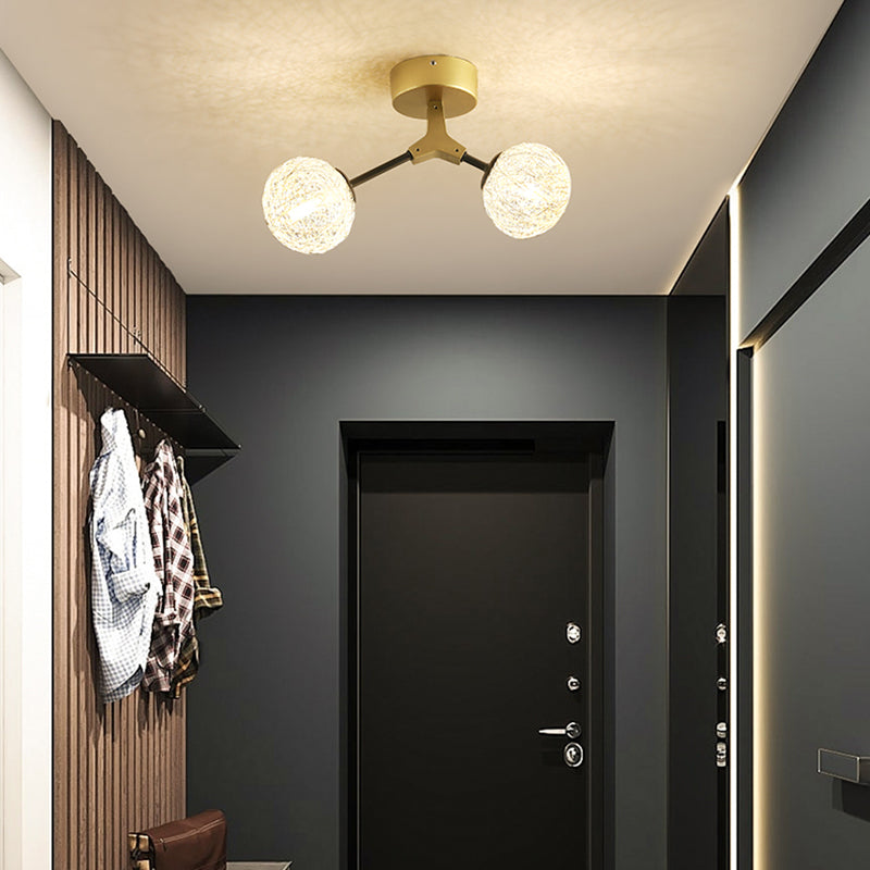 Gold Finish Handwoven Ball Semi Flush Light Fixture - Modern Ceiling Flush Mount