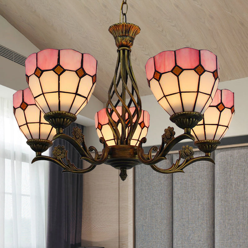 5-Light Pink Tiffany-Style Stained Glass Chandelier: Elegant Domed Hanging Pendant