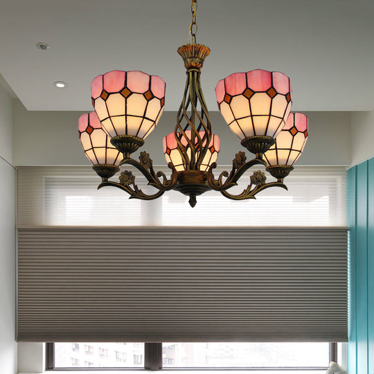 5-Light Pink Tiffany-Style Stained Glass Chandelier: Elegant Domed Hanging Pendant