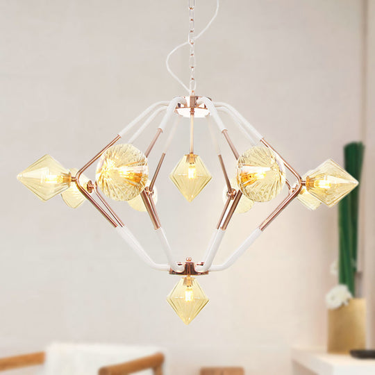 Modern Rose Gold LED Chandelier with Diamond Amber Glass Shade - 10 Lights, Bedroom Lighting