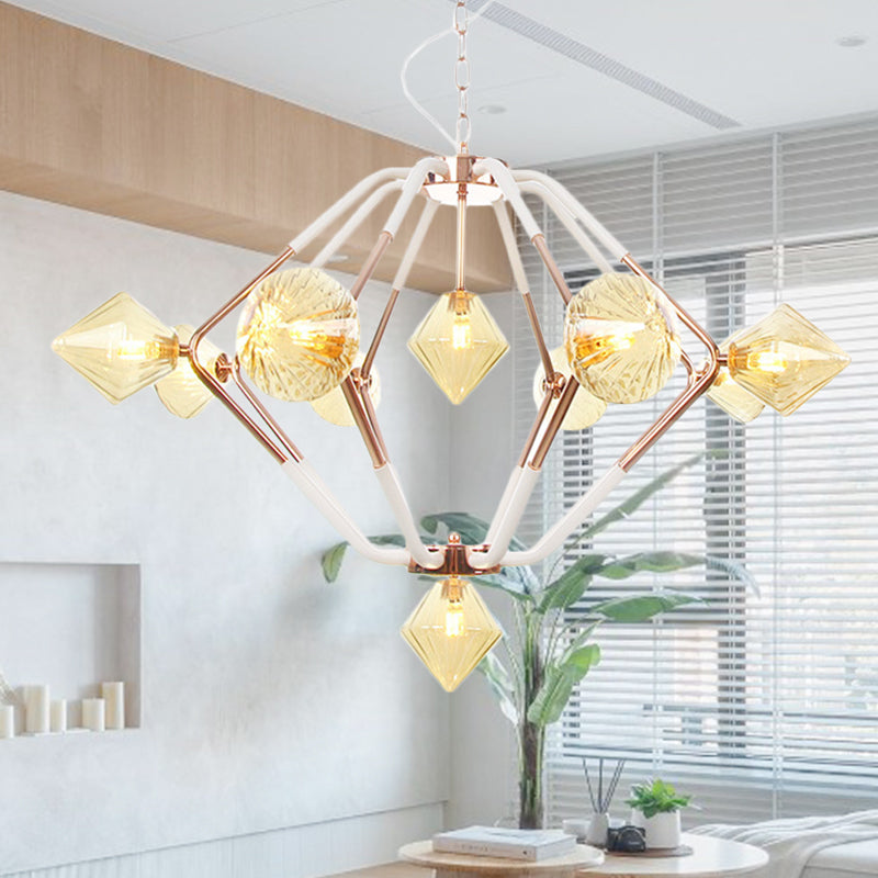 Modern Rose Gold LED Chandelier with Diamond Amber Glass Shade - 10 Lights, Bedroom Lighting