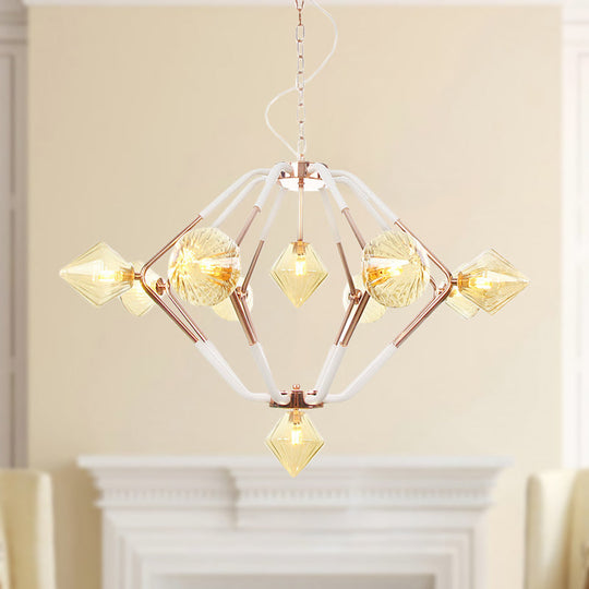 Modern Rose Gold Led Bedroom Chandelier With Diamond Glass Shade - 10-Light Hanging Ceiling Lamp