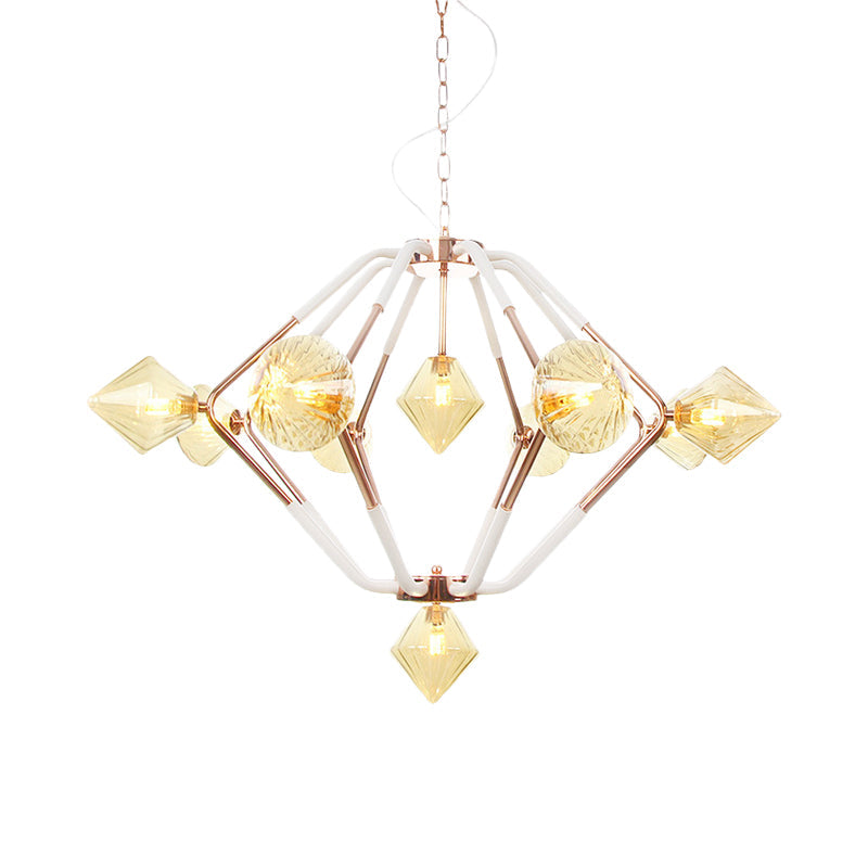 Modern Rose Gold LED Chandelier with Diamond Amber Glass Shade - 10 Lights, Bedroom Lighting