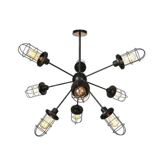 Farmhouse Style Iron Caged Chandelier - 9/12/15 Lights, Sputnik Design, Black Finish