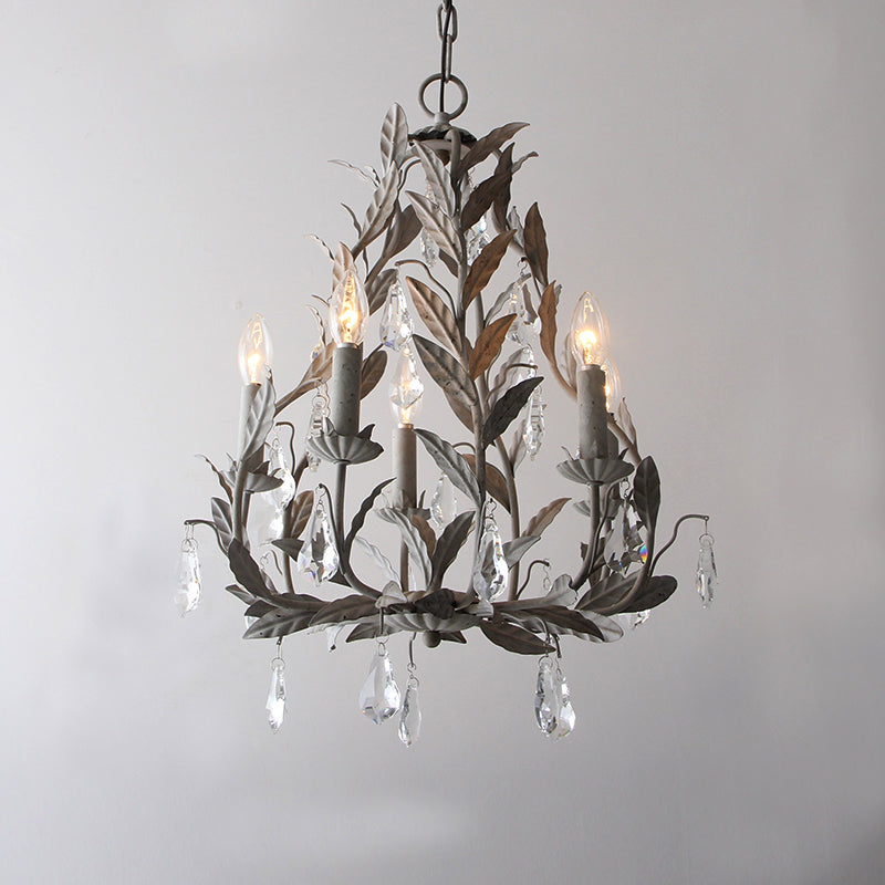 Modern Metal Leaf Chandelier with Crystal Drop - 5 Bulb Lighting Fixture in Grey/Distressed White