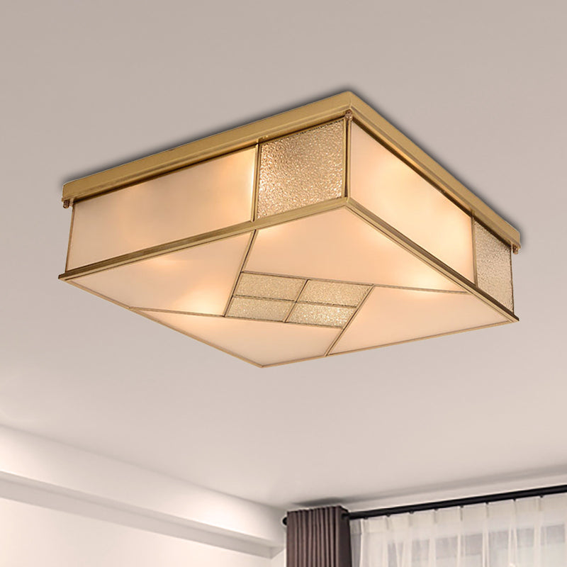 Classic Brass Flush Mount Ceiling Light with Frosted Glass Panel Shade - 4/6 Lights - Bedroom Fixture