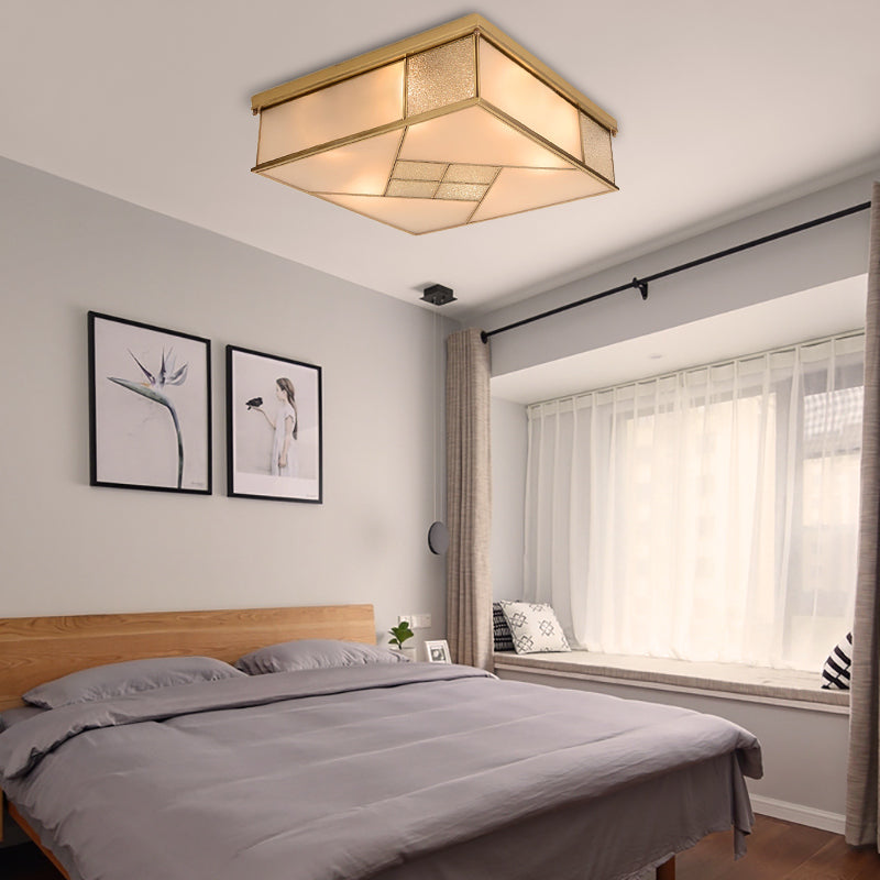 Classic Brass Flush Mount Ceiling Light with Frosted Glass Panel Shade - 4/6 Lights - Bedroom Fixture
