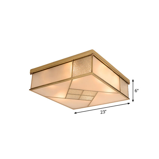 Classic Brass Flush Mount Ceiling Light with Frosted Glass Panel Shade - 4/6 Lights - Bedroom Fixture