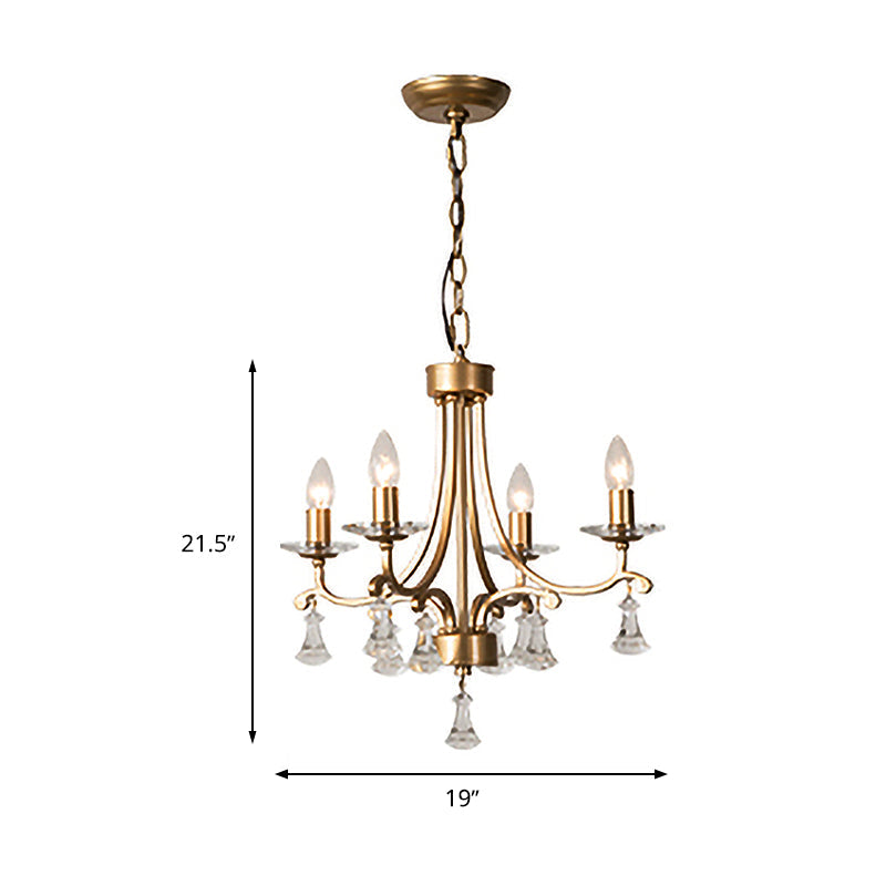 Modern Brass Starburst Chandelier With Crystal Drop - 4 Bulb Metal Pendant Light