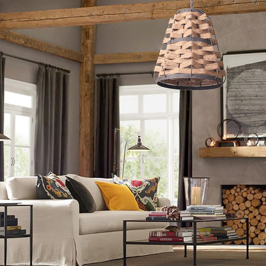 Rustic Hemp Rope Pendant Ceiling Lamp With Metal Frame