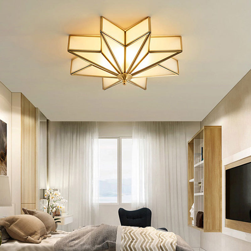 Classic Brass Star Flush Mount Fixture with Beveled Frosted Glass for Living Room Ceiling Light (4-Light)