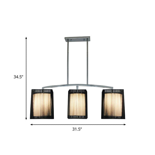 Traditional Black Pendant Light With Rectangular Fabric Shade - 3-Light Dining Room Island Lighting