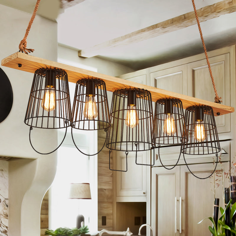 Traditional Barrel Metal Island Pendant Light With 5 Lights And Wood Accents For Dining Room