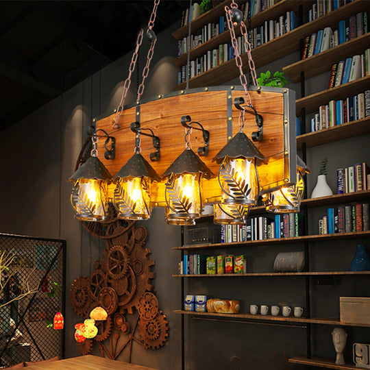 Industrial Black Lantern Island Pendant Light With 8 Lights Metal Arm White Fabric/Clear Glass - For