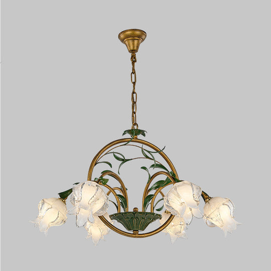 Traditional Floral Ceiling Chandelier - White/Yellow/Purple Glass 6 Hanging Light Heads