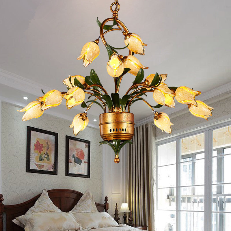 Led Hanging Chandelier - Brass Flower Design Frosted Glass Shades 15 Lights For Pastoral Living Room