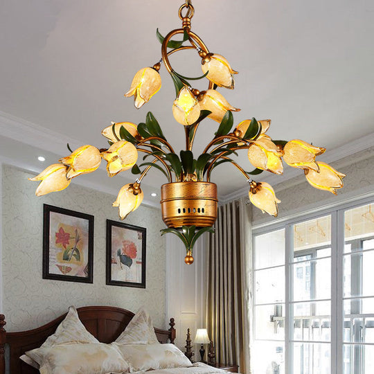 Led Hanging Chandelier - Brass Flower Design Frosted Glass Shades 15 Lights For Pastoral Living Room