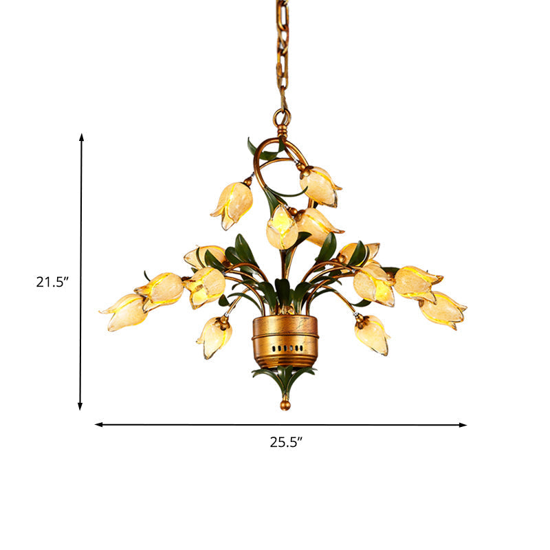 Led Hanging Chandelier - Brass Flower Design Frosted Glass Shades 15 Lights For Pastoral Living Room