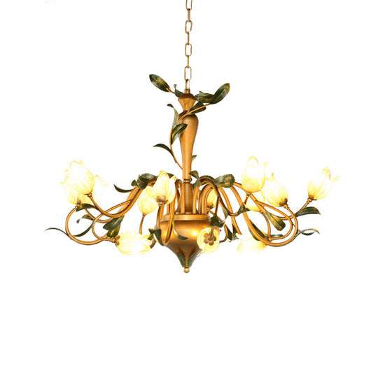 Frosted Glass Brass Chandelier - Floral 15-Light Pendant For Bedroom