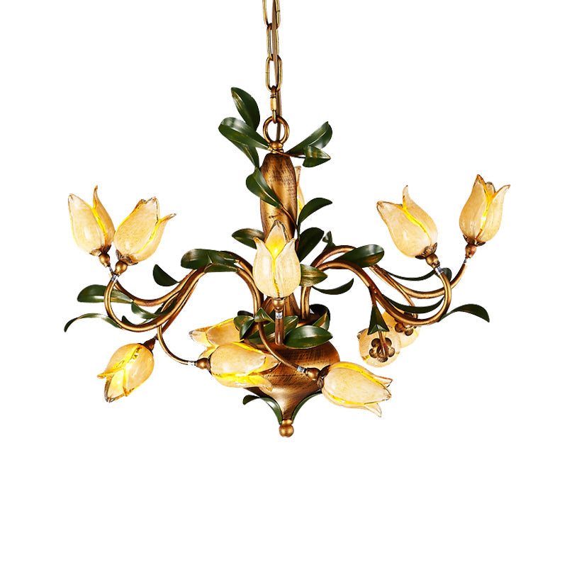 Blossom Chandelier Ceiling Light: Traditional Sandblasted Glass Pendant Fixture (12 Heads) In Brass